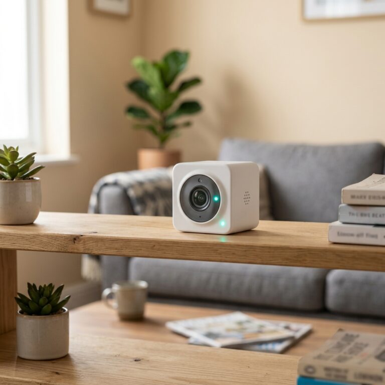Small white cube security camera on home living room shelf
