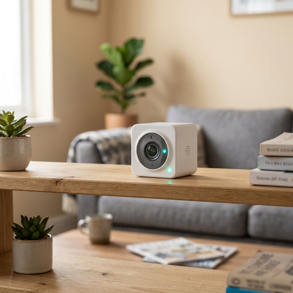 Small white cube security camera on home living room shelf