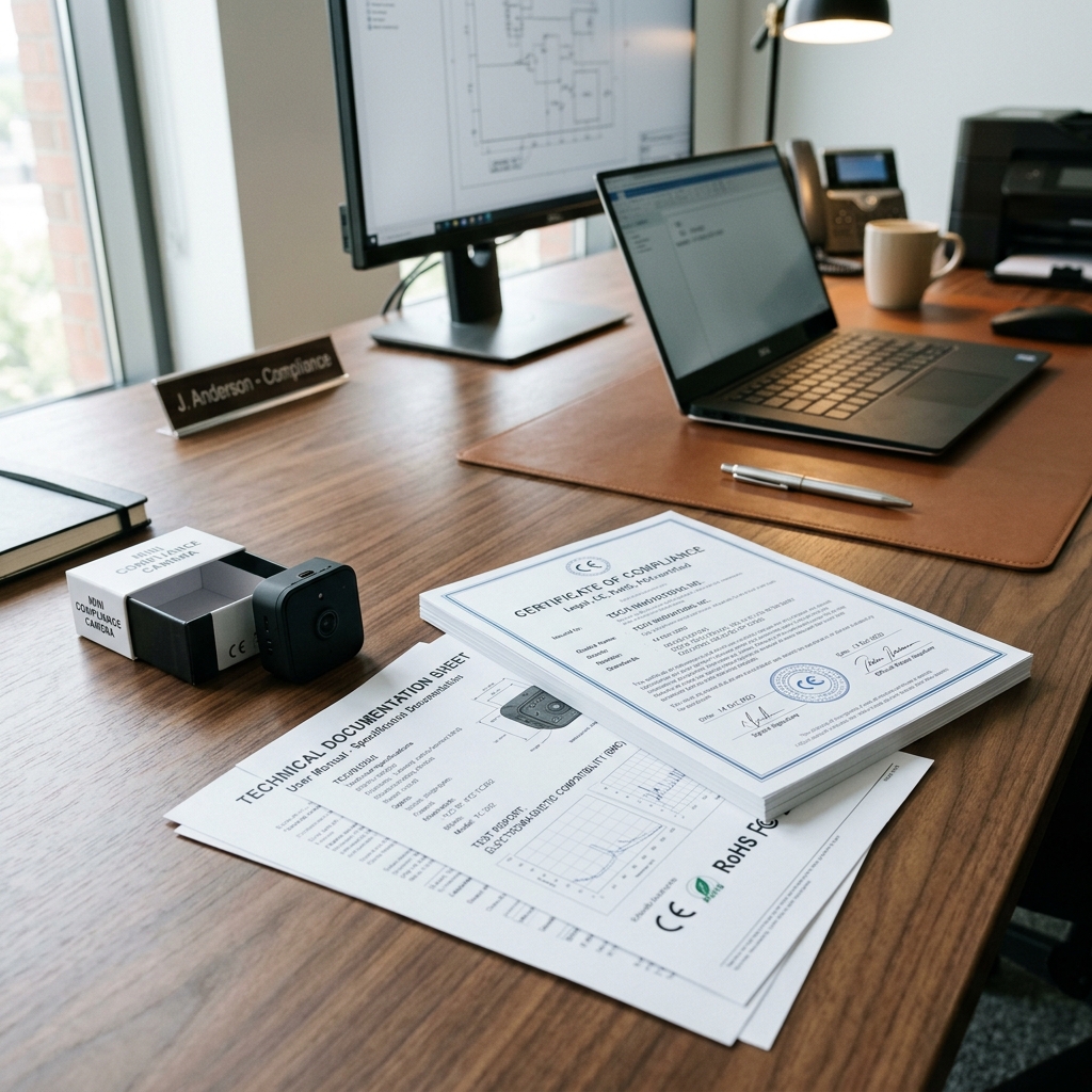 CE RoHS and FCC compliance certificates laid out next to a mini spy camera device