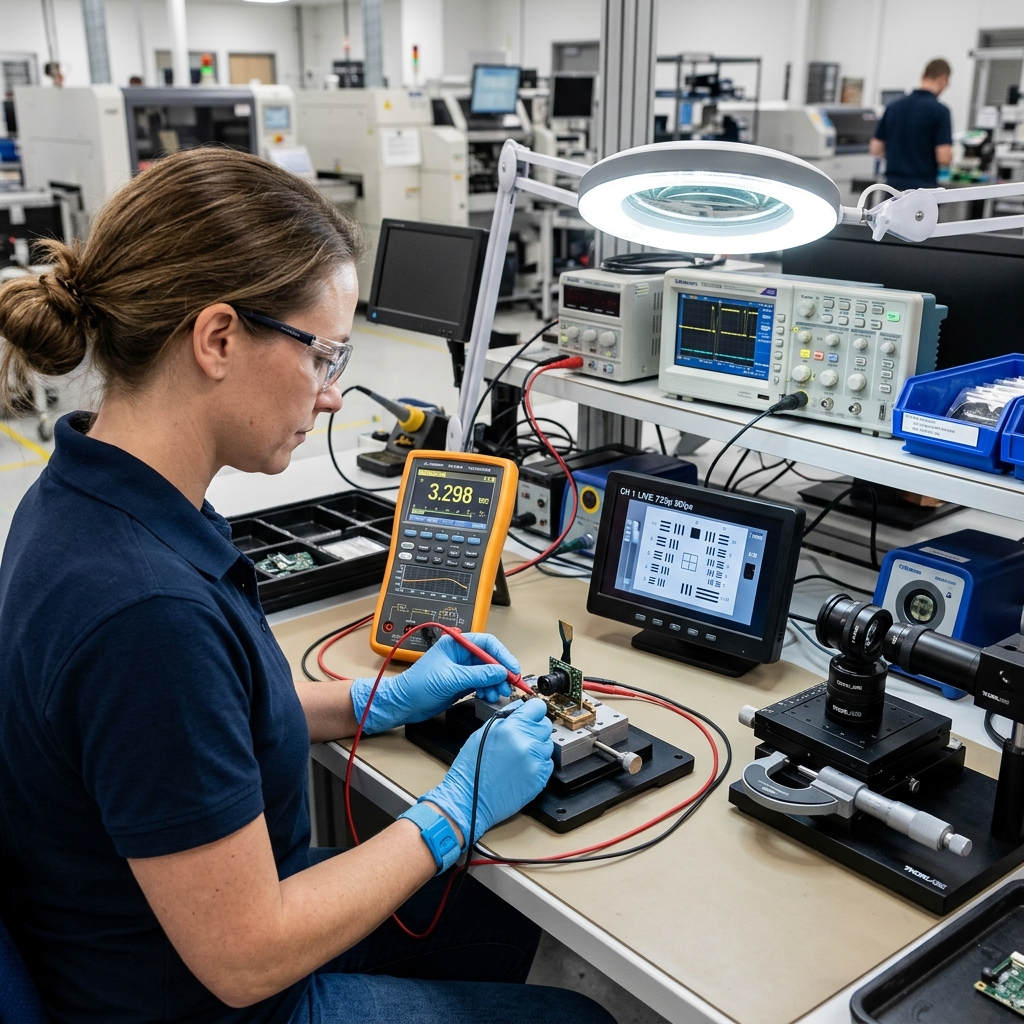 Electronics testing workbench for mini spy camera quality control and optics calibration