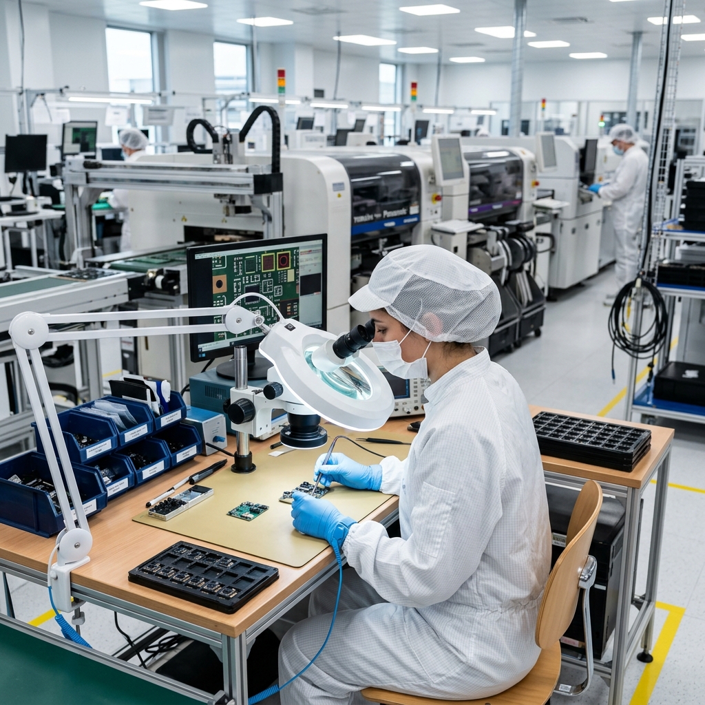 Technician inspecting PCB camera module on modern spy camera factory assembly line