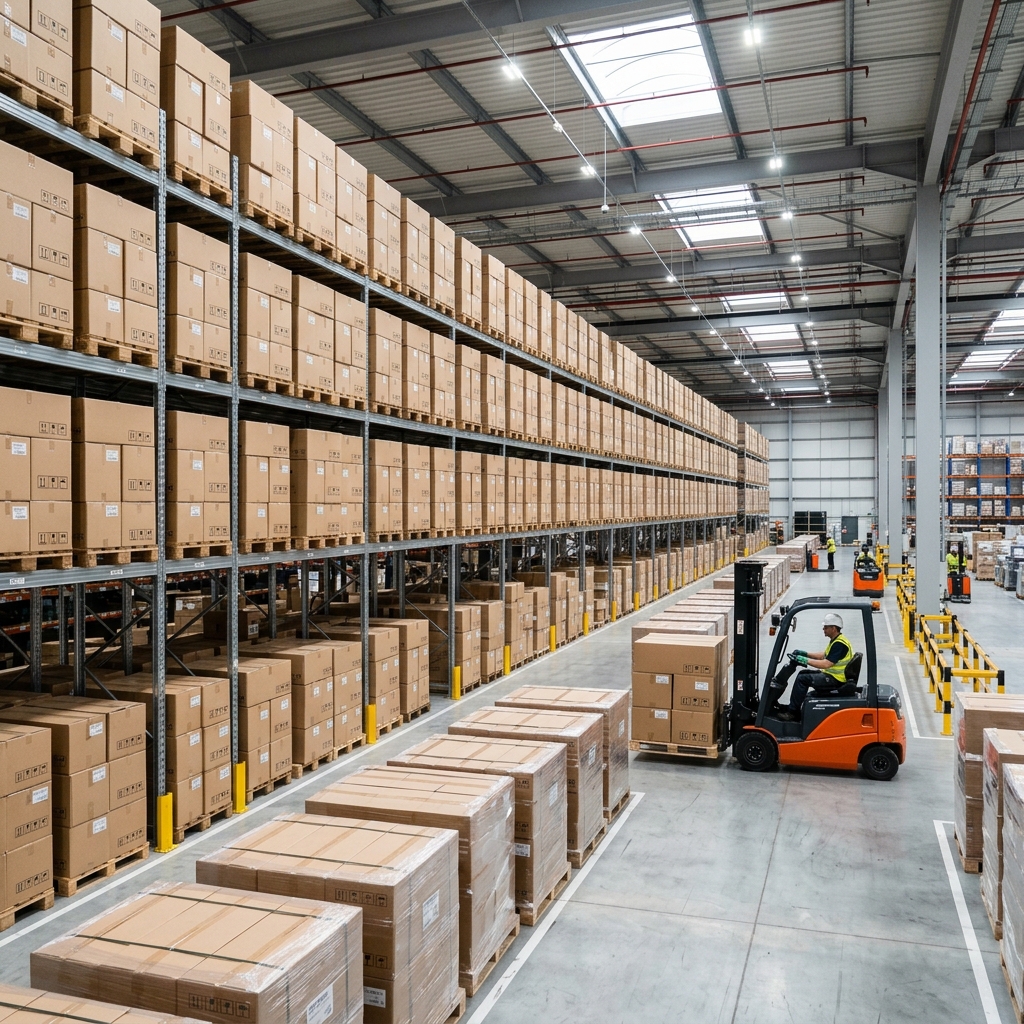Logistics warehouse stacked with export master cartons for wholesale camera shipment
