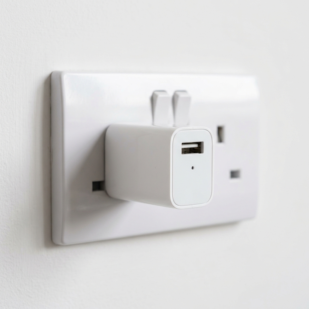 USB wall charger with hidden spy camera pinhole lens in UK wall outlet