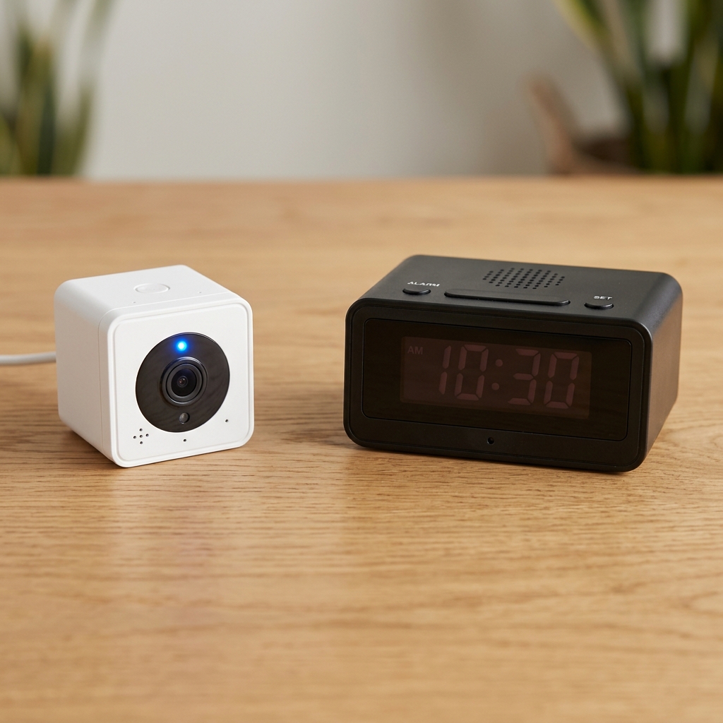 Visible security camera versus hidden clock camera side by side comparison on desk