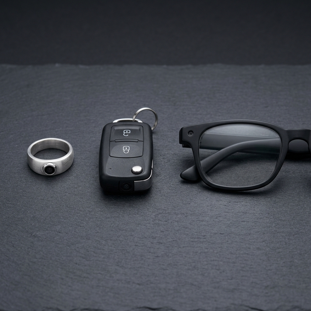 Wearable spy cameras comparison showing ring camera, car key camera and glasses camera