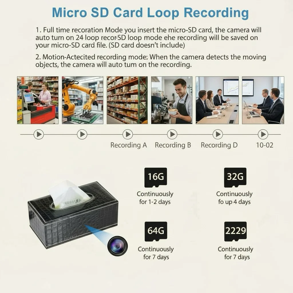 Covert camera with MicroSD card local loop recording and motion detection