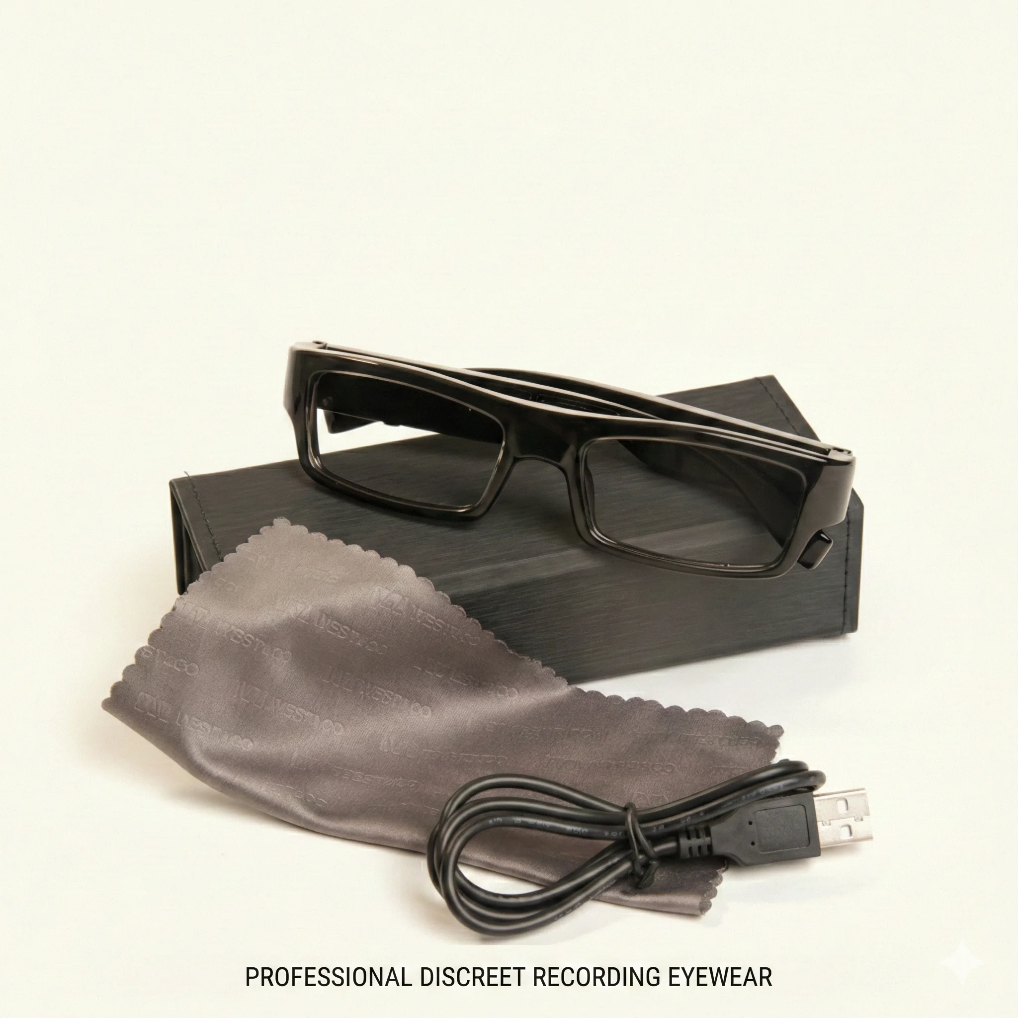 Discreet camera glasses lens location and hidden indicator light feature diagram