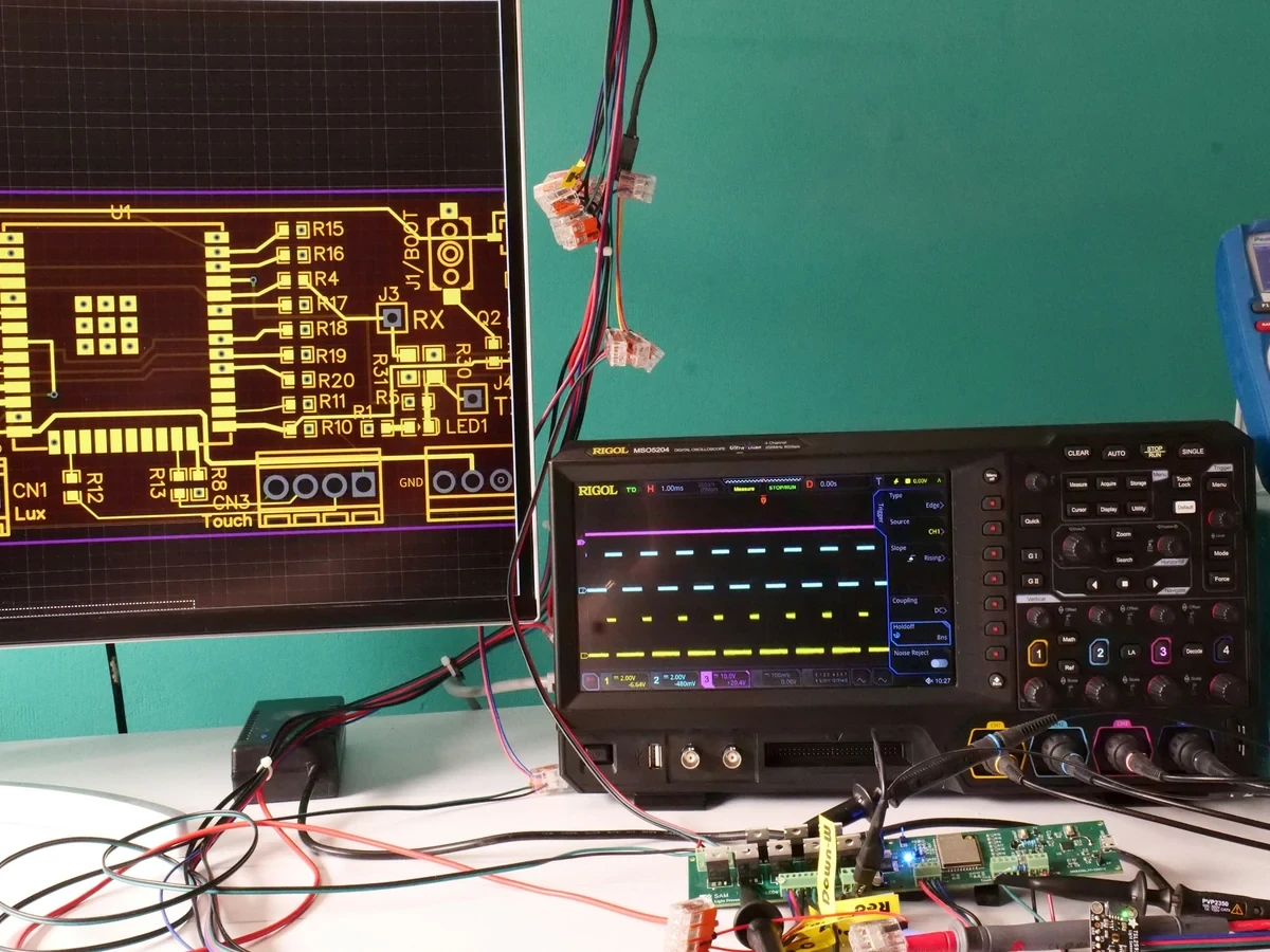 Electronics R&D workbench with test equipment