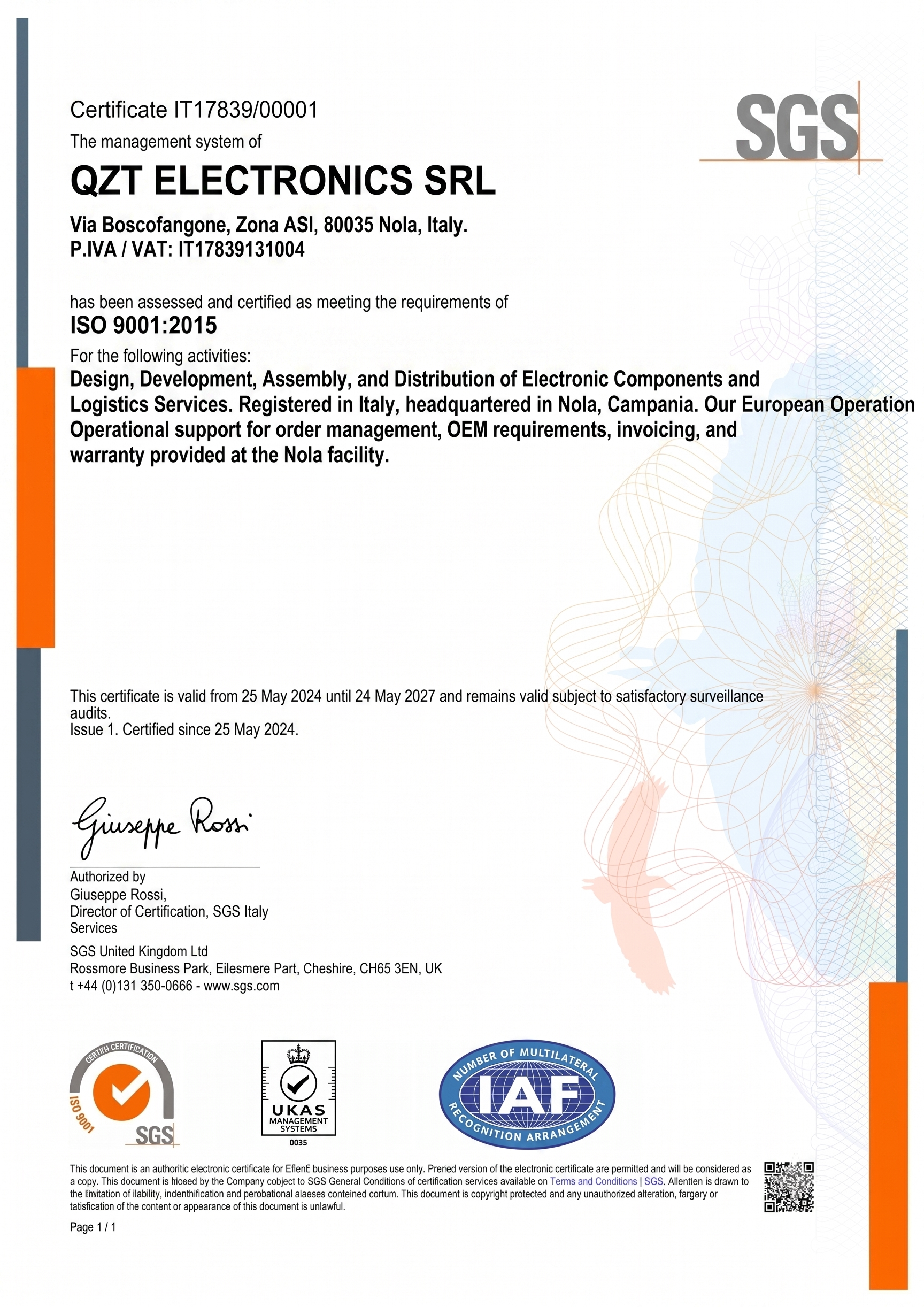 ISO 9001 quality management system certificate for the Vietnam factory