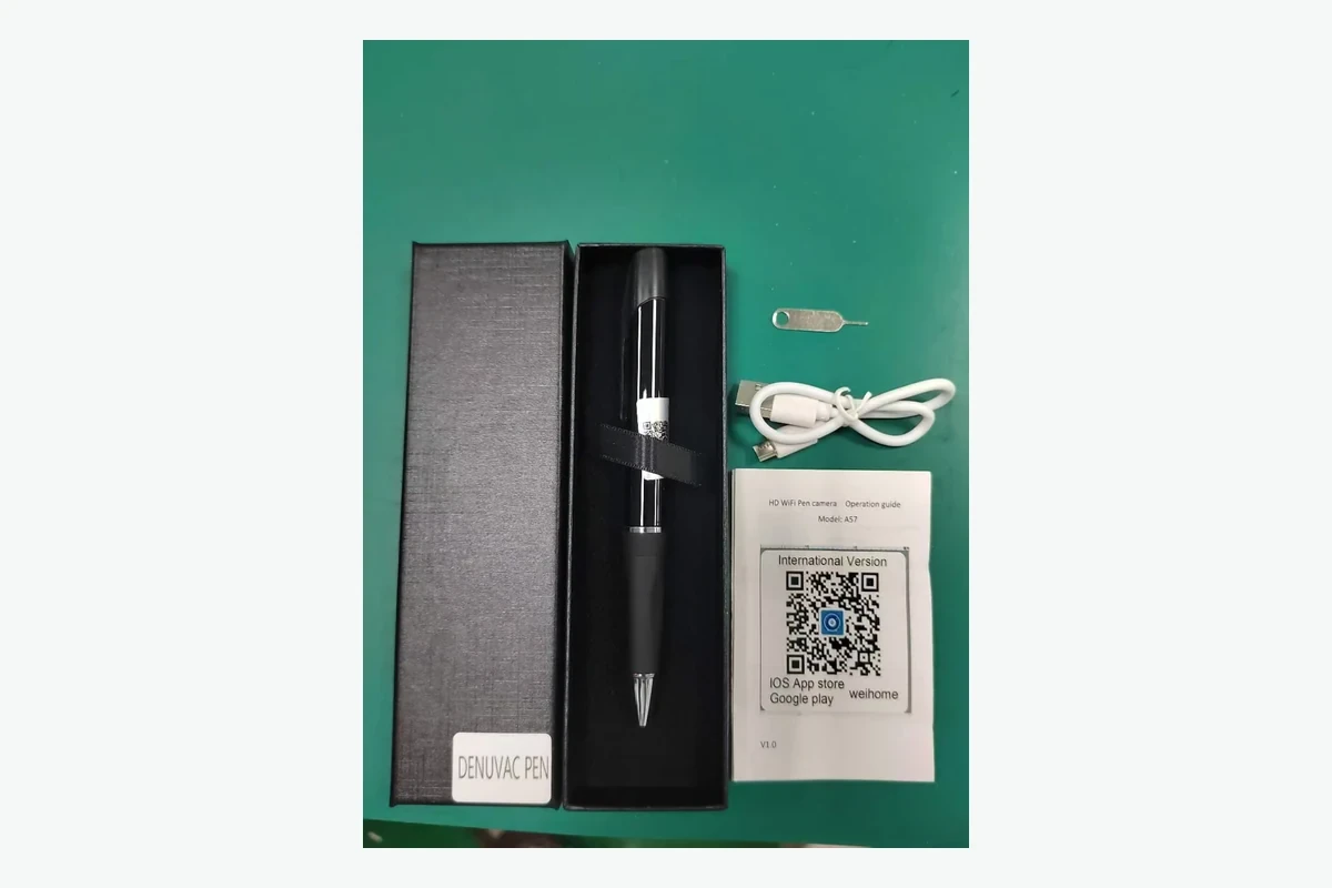 QZT A57 Wi-Fi spy pen camera with branded retail packaging