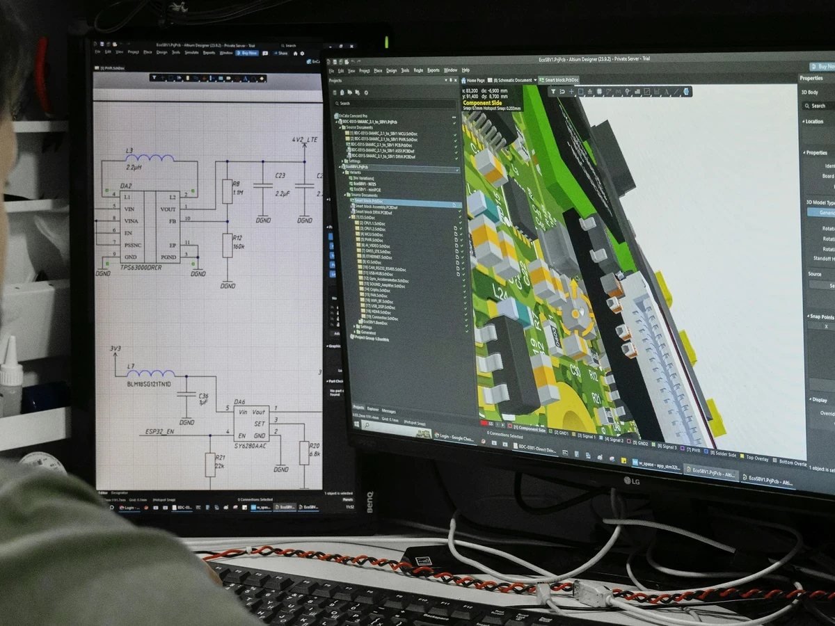 PCB layout and schematic design on a monitor