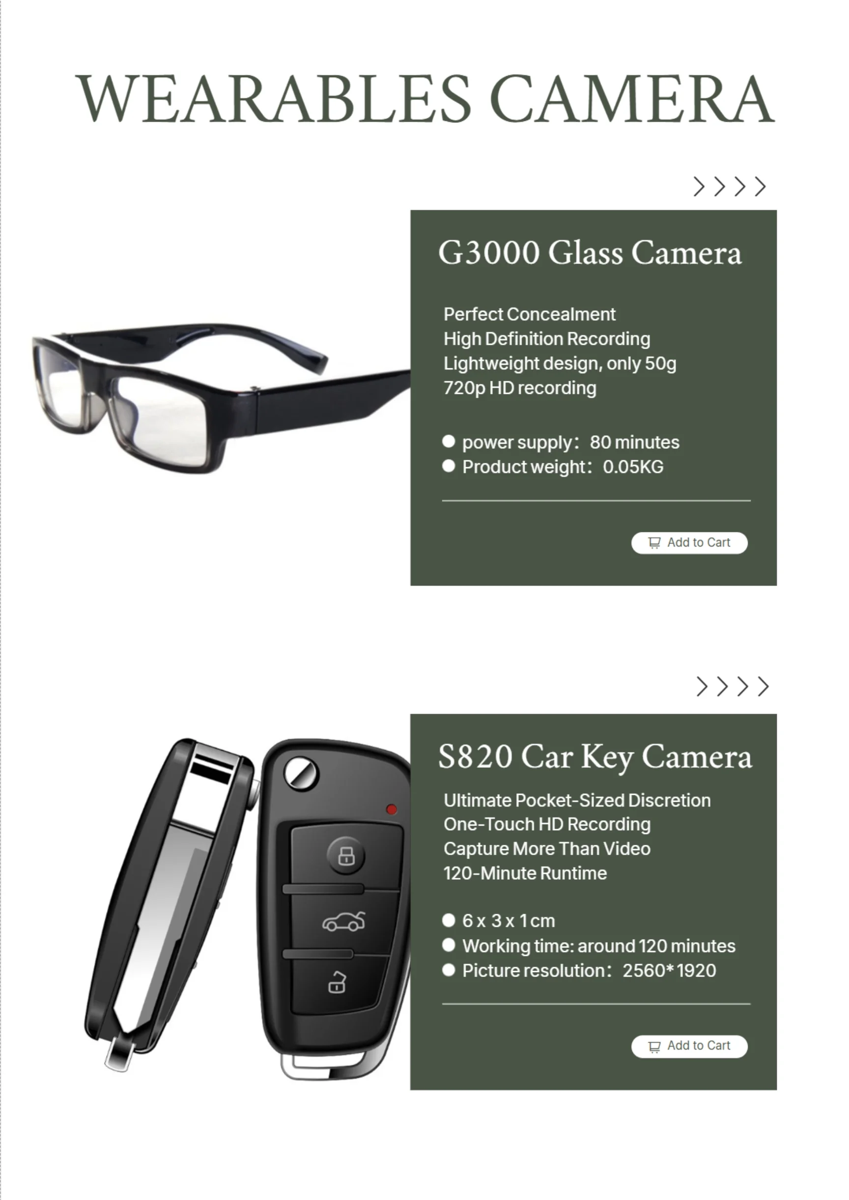 QZT wearable spy cameras including glasses G3000 and car key S820