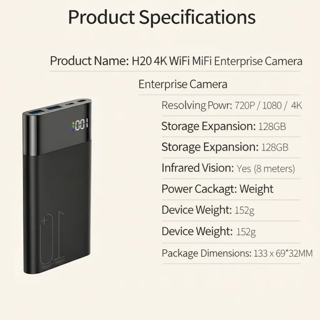 H20 4K WiFi power bank camera specifications