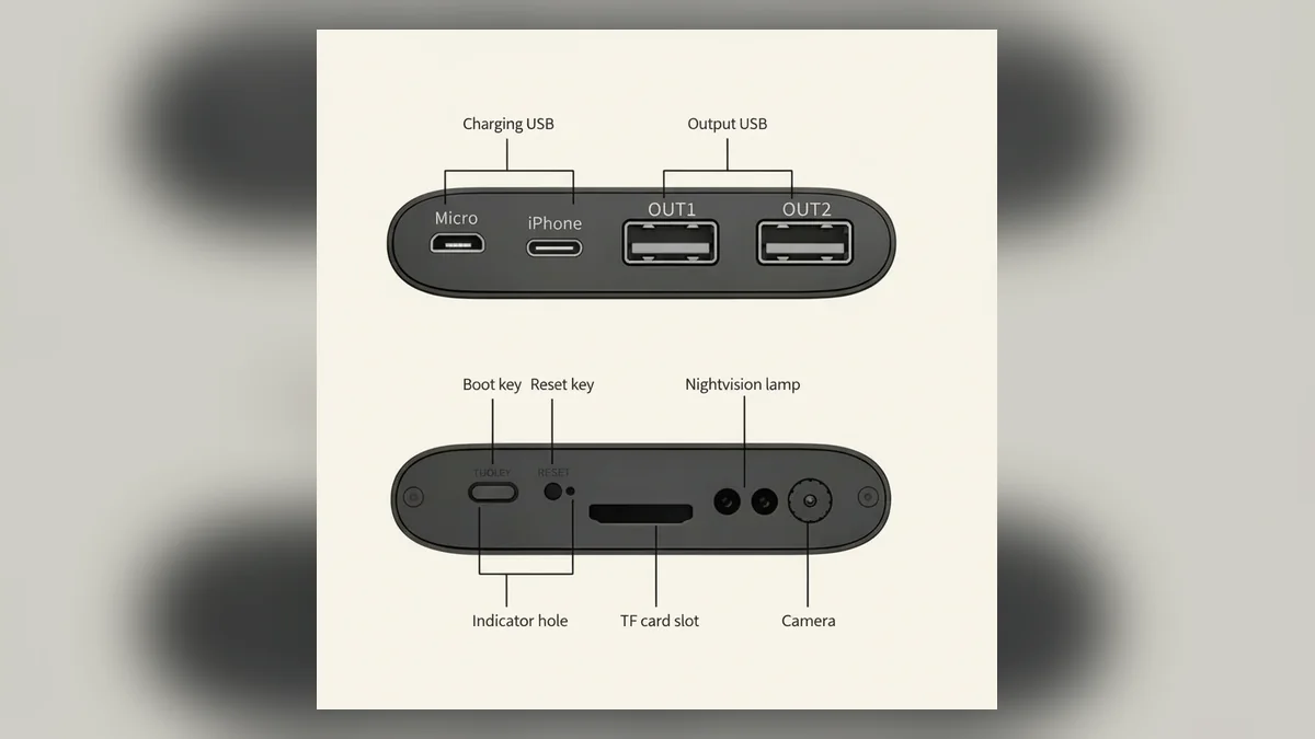 Camera TF card slot and interface layout Camera power bank interface with TF card slot and USB ports