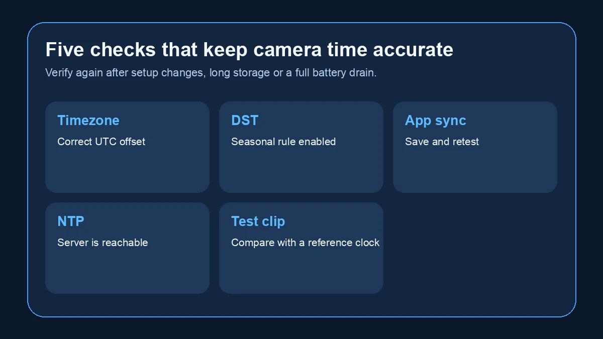 Preventing recurring camera timestamp errors Checklist for timezone DST app sync NTP and camera timestamp test clips