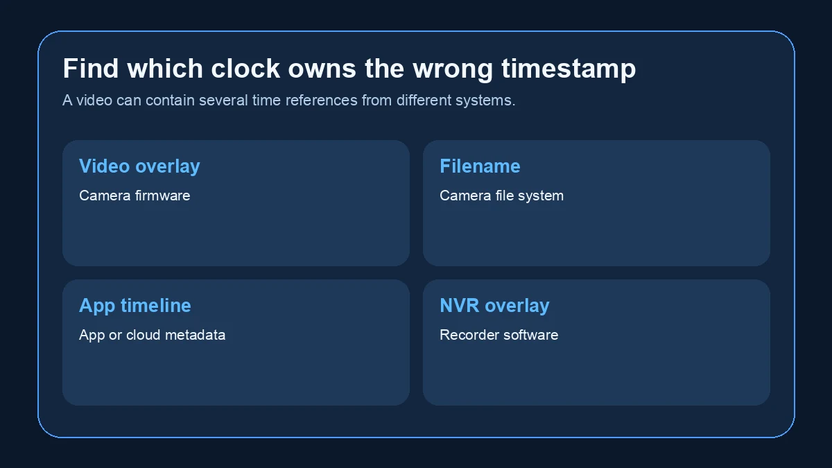 Camera timestamp sources and ownership Diagram comparing camera overlay filename app timeline and NVR timestamp sources