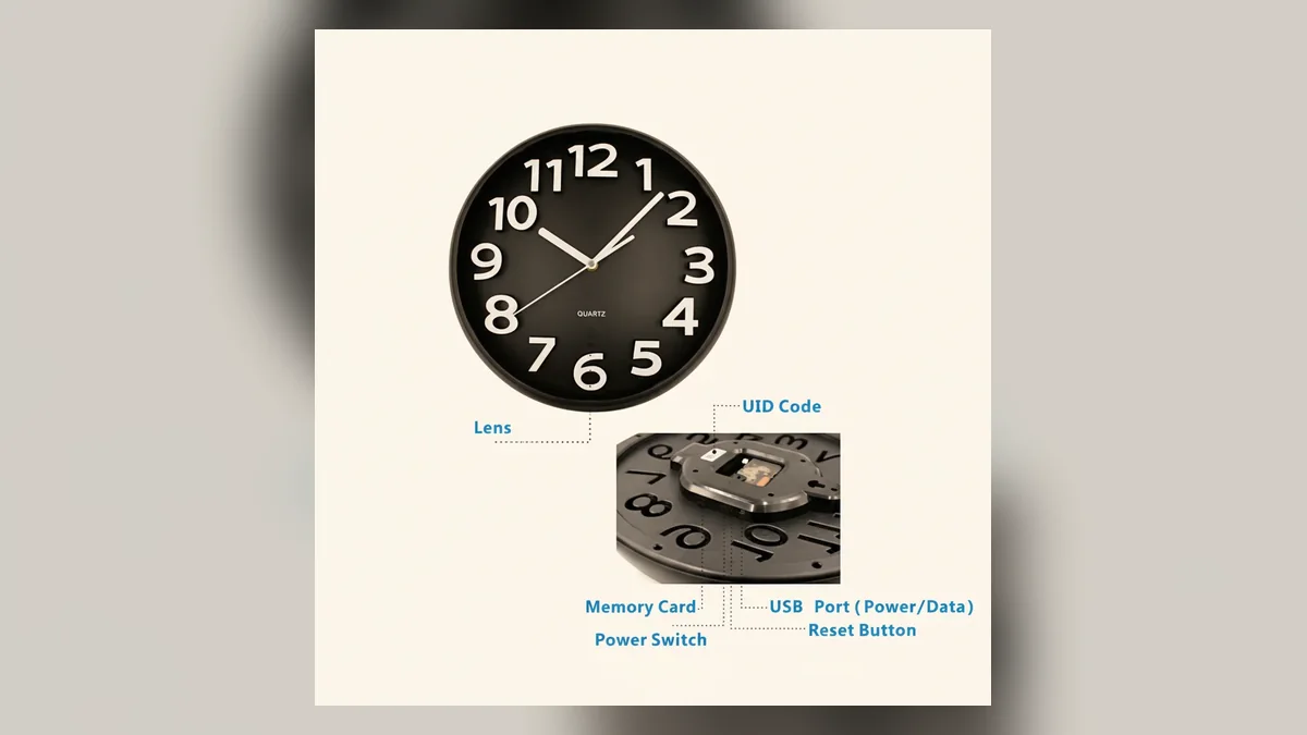 Wall clock camera rear panel with reset button and memory card slot