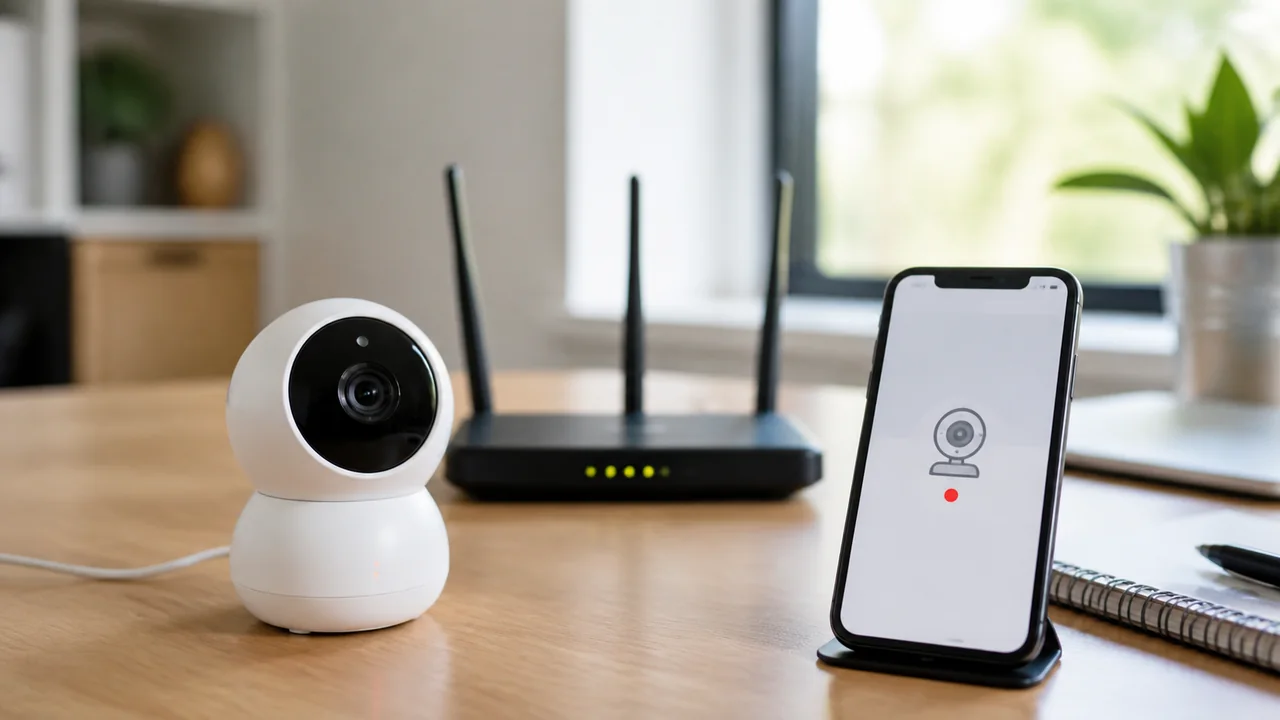 WiFi camera router and phone showing an offline camera status