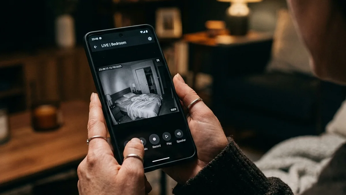 Phone displaying live view from a hidden camera during app connection testing