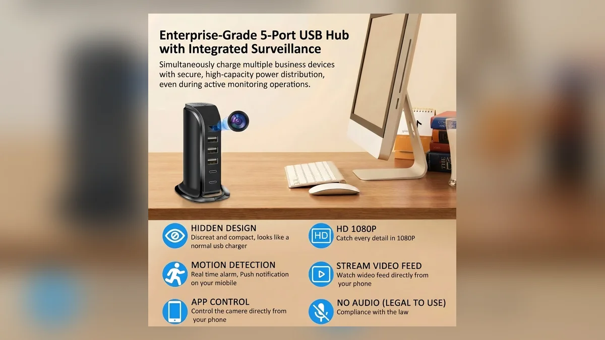 WiFi USB charger camera showing power ports and app features