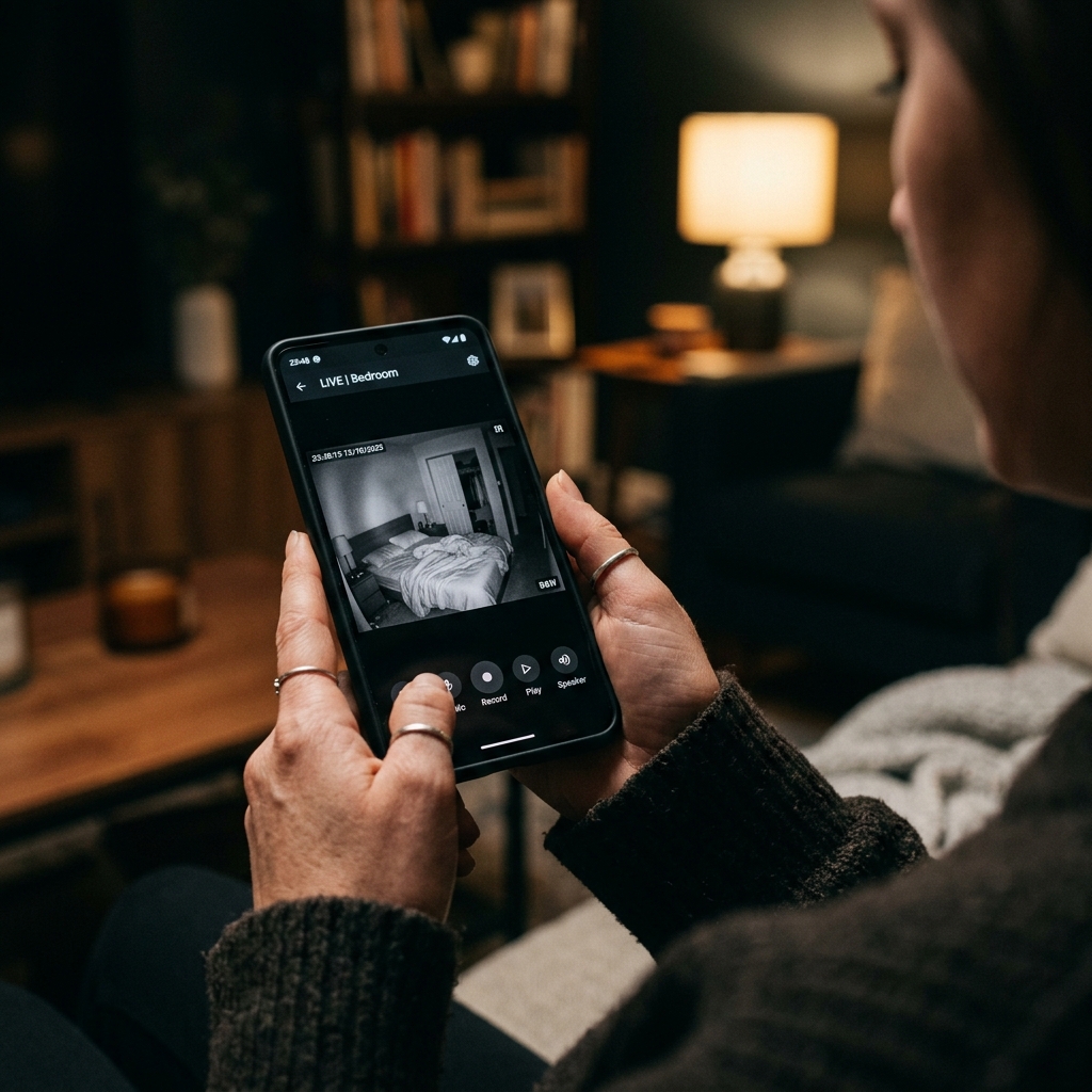 Remote monitoring spy camera app with night vision live view on smartphone