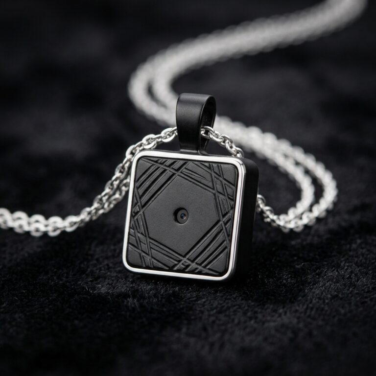 Spy camera necklace pendant with hidden pinhole lens on silver chain