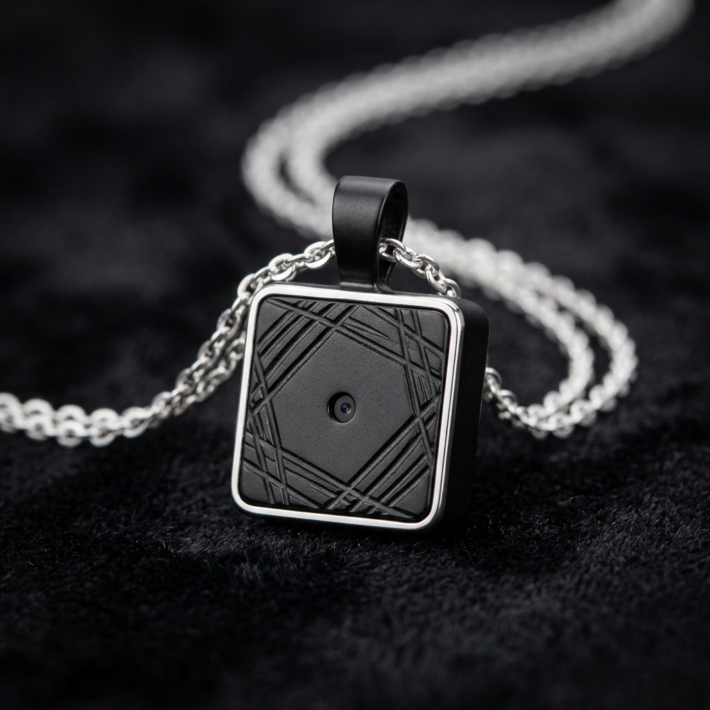 Spy camera necklace pendant with hidden pinhole lens on silver chain