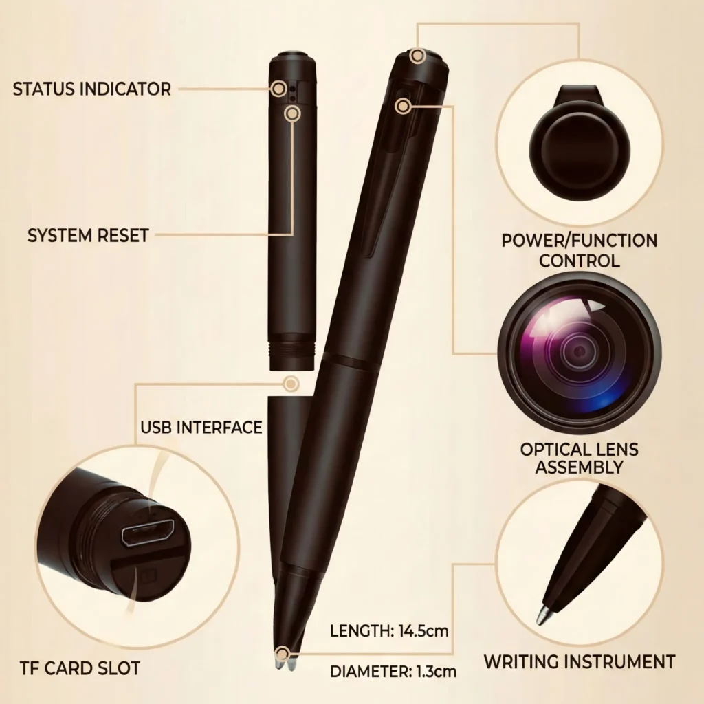 Spy pen camera battery length structure and MicroSD card slot diagram