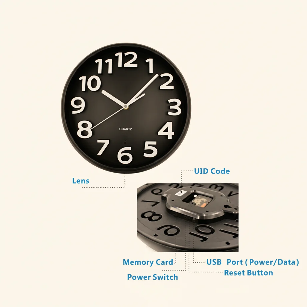 Wall clock camera back structure showing USB port, reset button, and power connections
