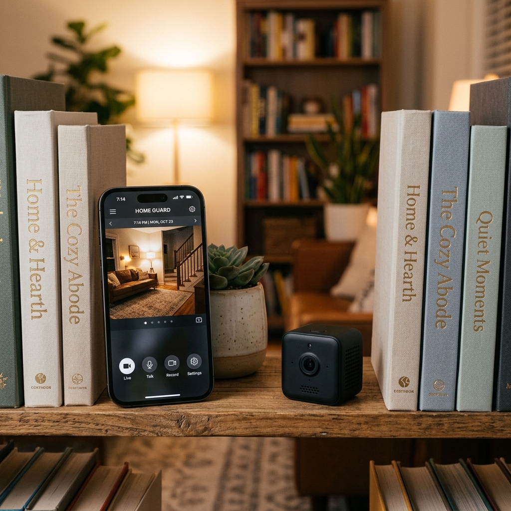 Wireless mini spy camera live streaming to smartphone on bookshelf