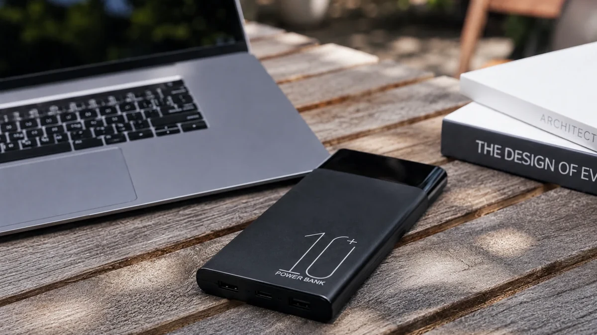 QZT H20 fotocamera con power bank in una scena di scrivania con laptop