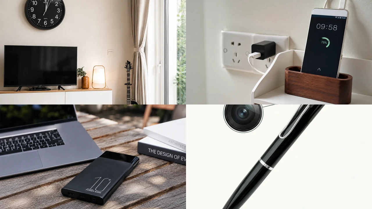Current QZT hidden camera form factors including clock, charger, power-bank and pen-style products