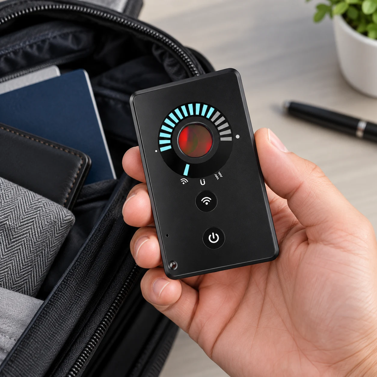 Card007 detector held in one hand at travel-bag scale