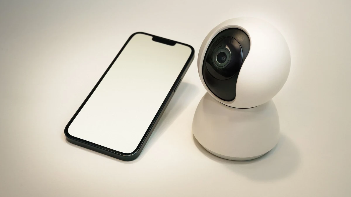 Security camera and smartphone prepared for a monitoring test