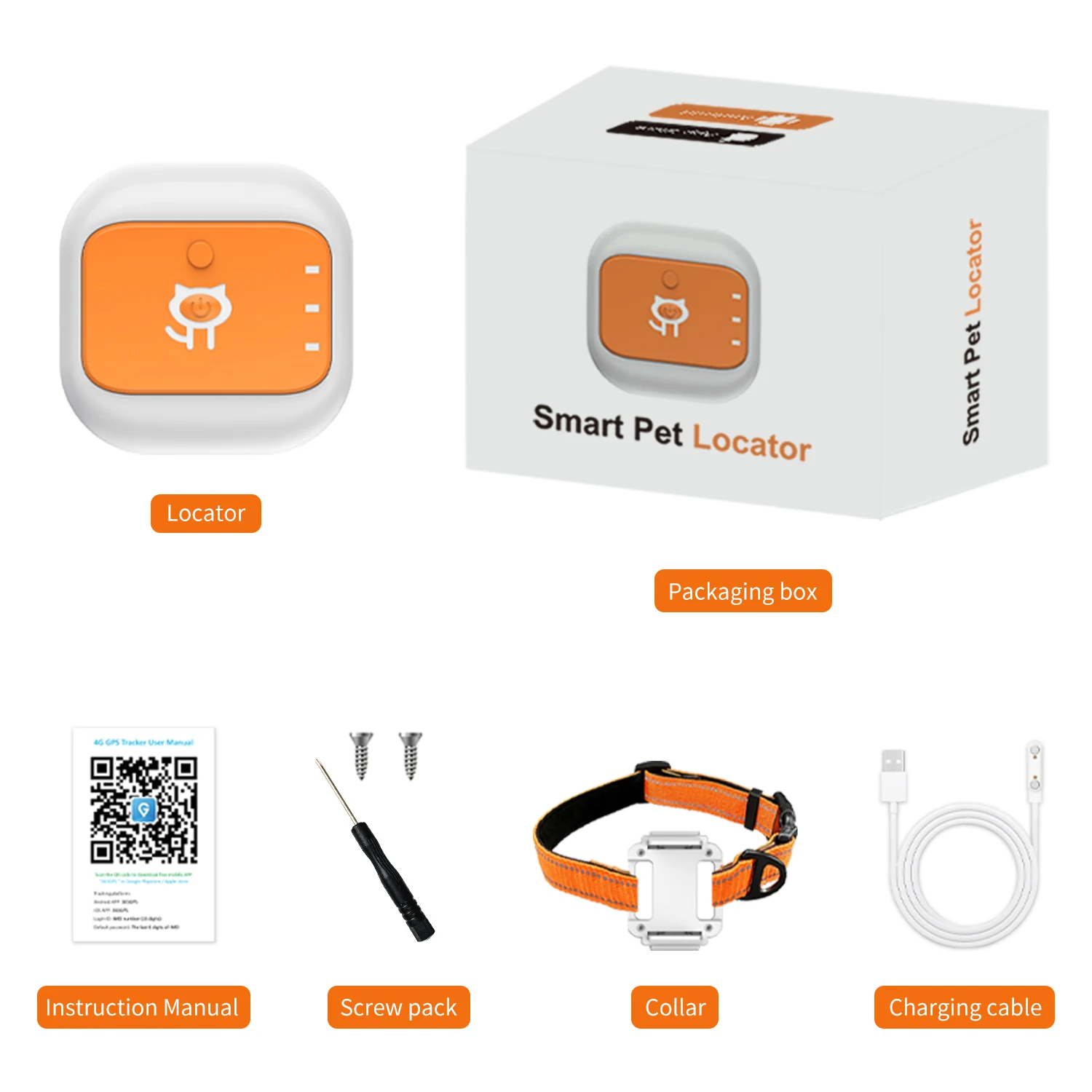 G01 pet tracker, collar, charging cable, manual, screws and retail box