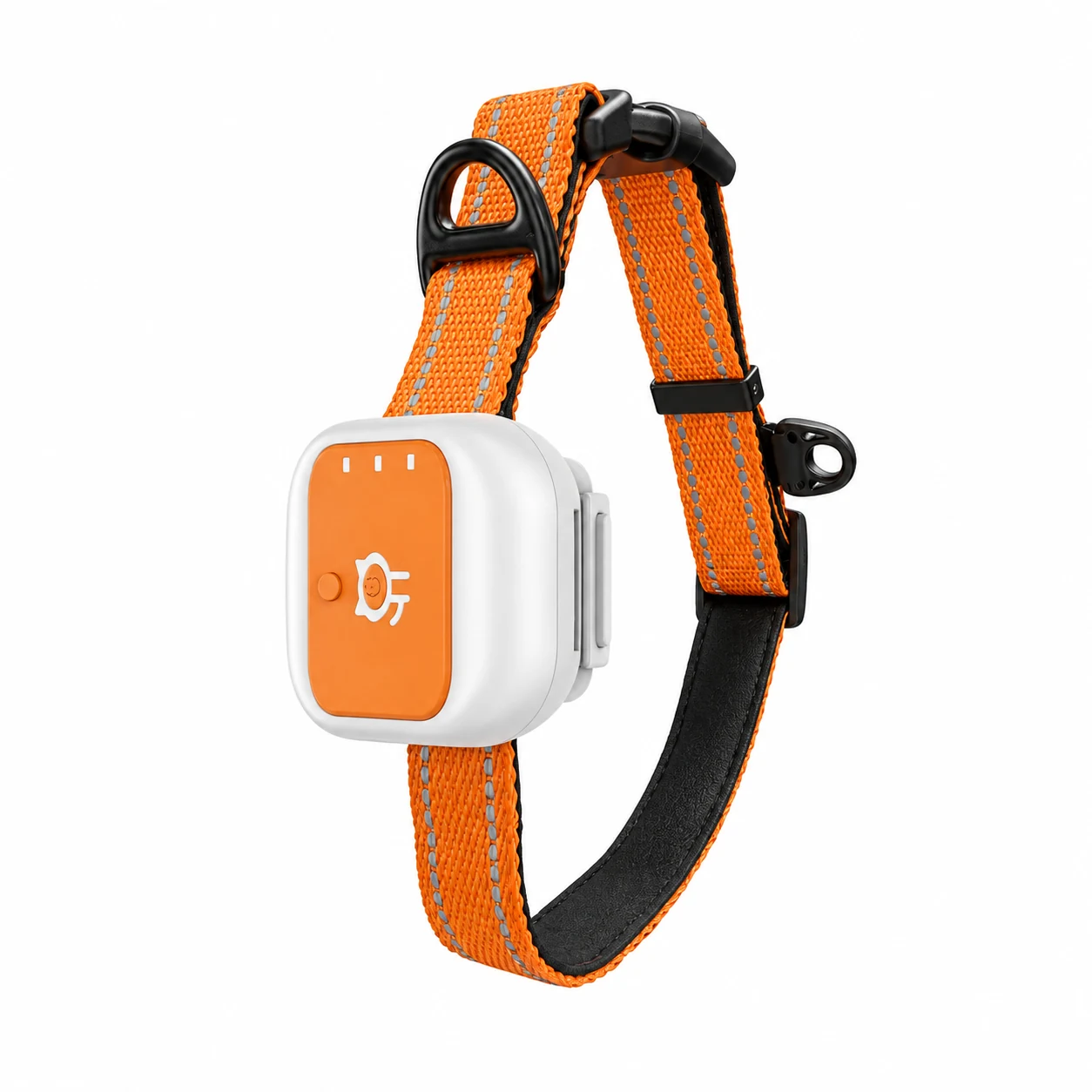 G01 pet GPS tracker on orange collar, front three-quarter view
