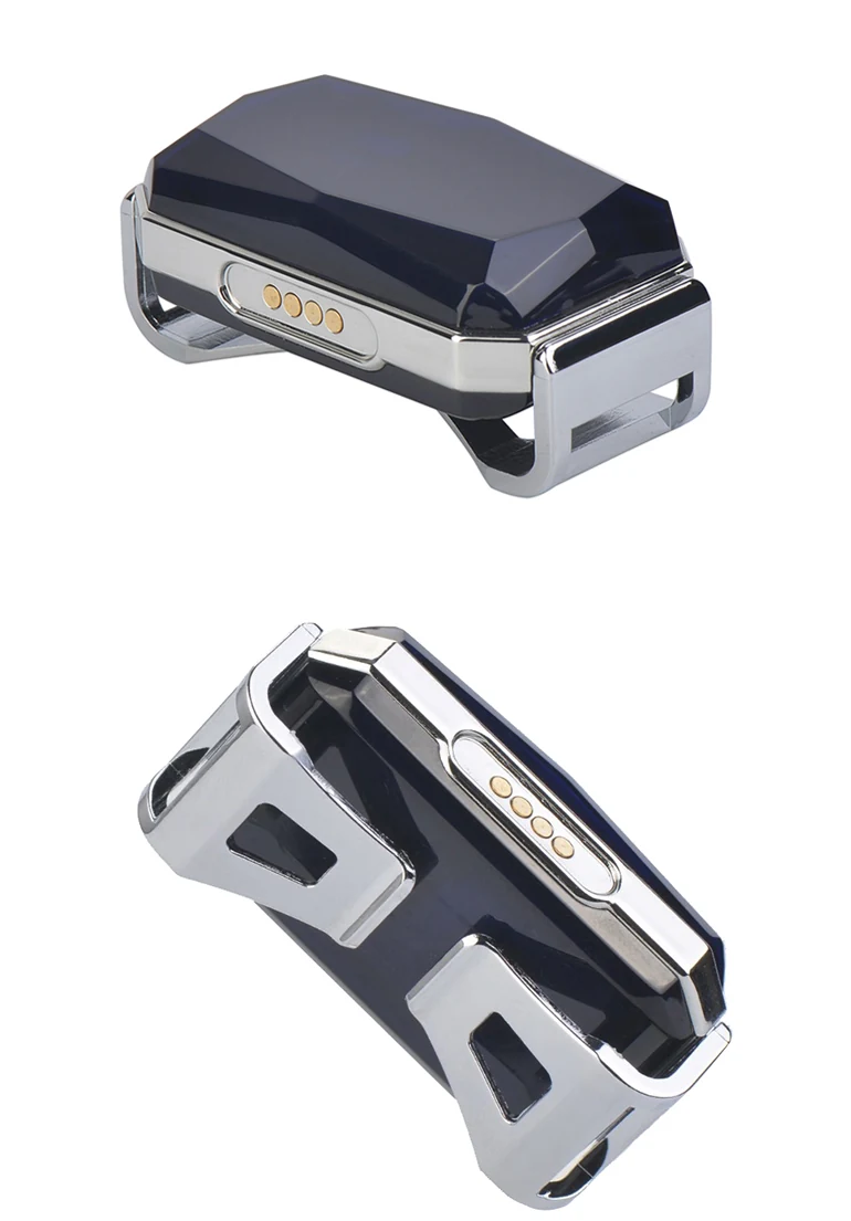 Two close views of the G12 pet tracker housing and metal collar bracket