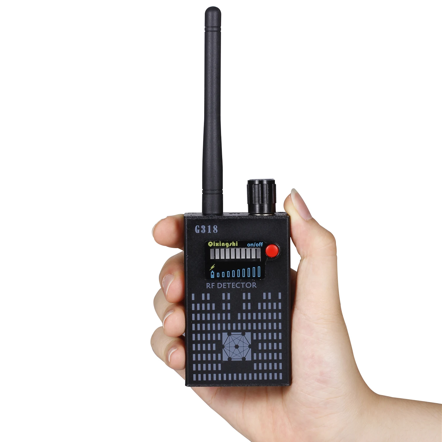 G318 RF detector held in one hand with antenna attached