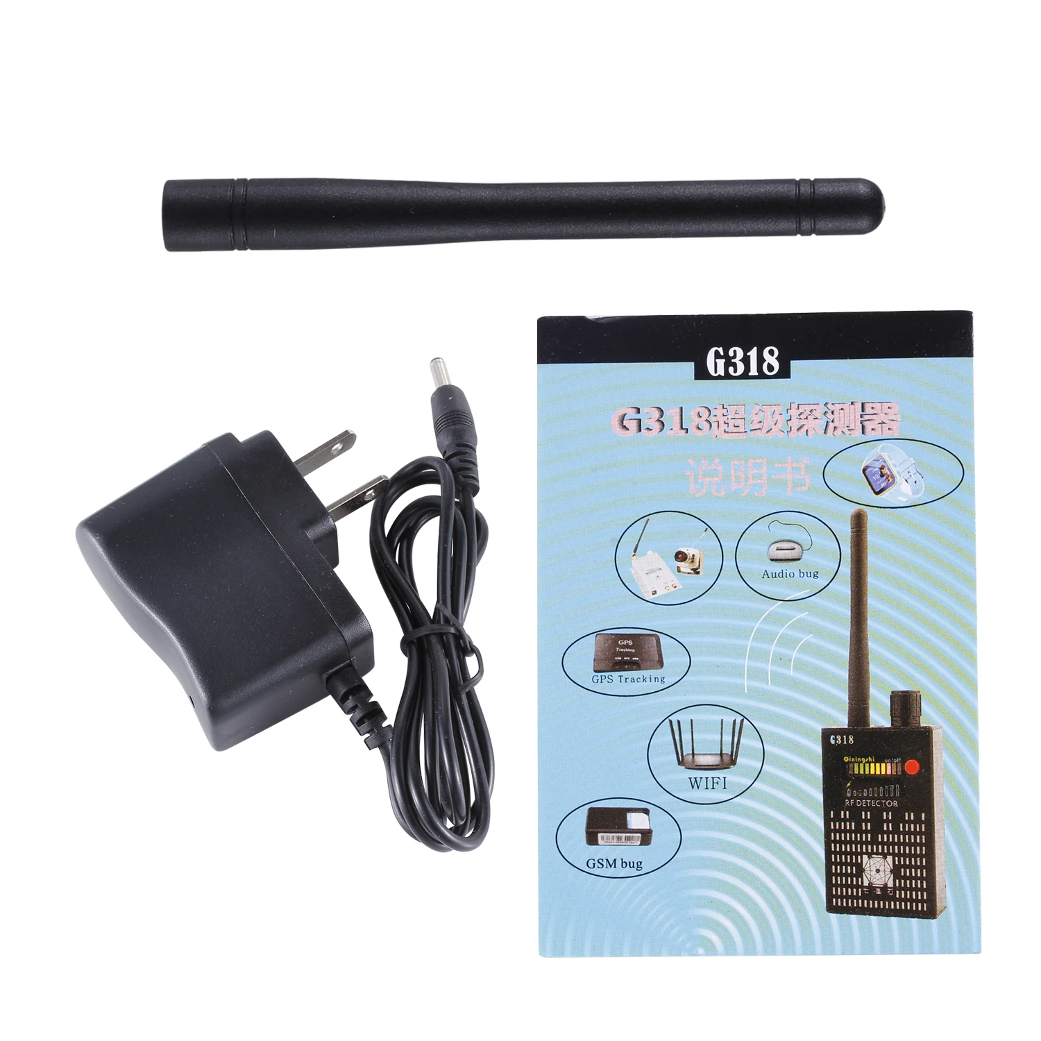 G318 RF detector package with antenna, power adapter and instruction sheet