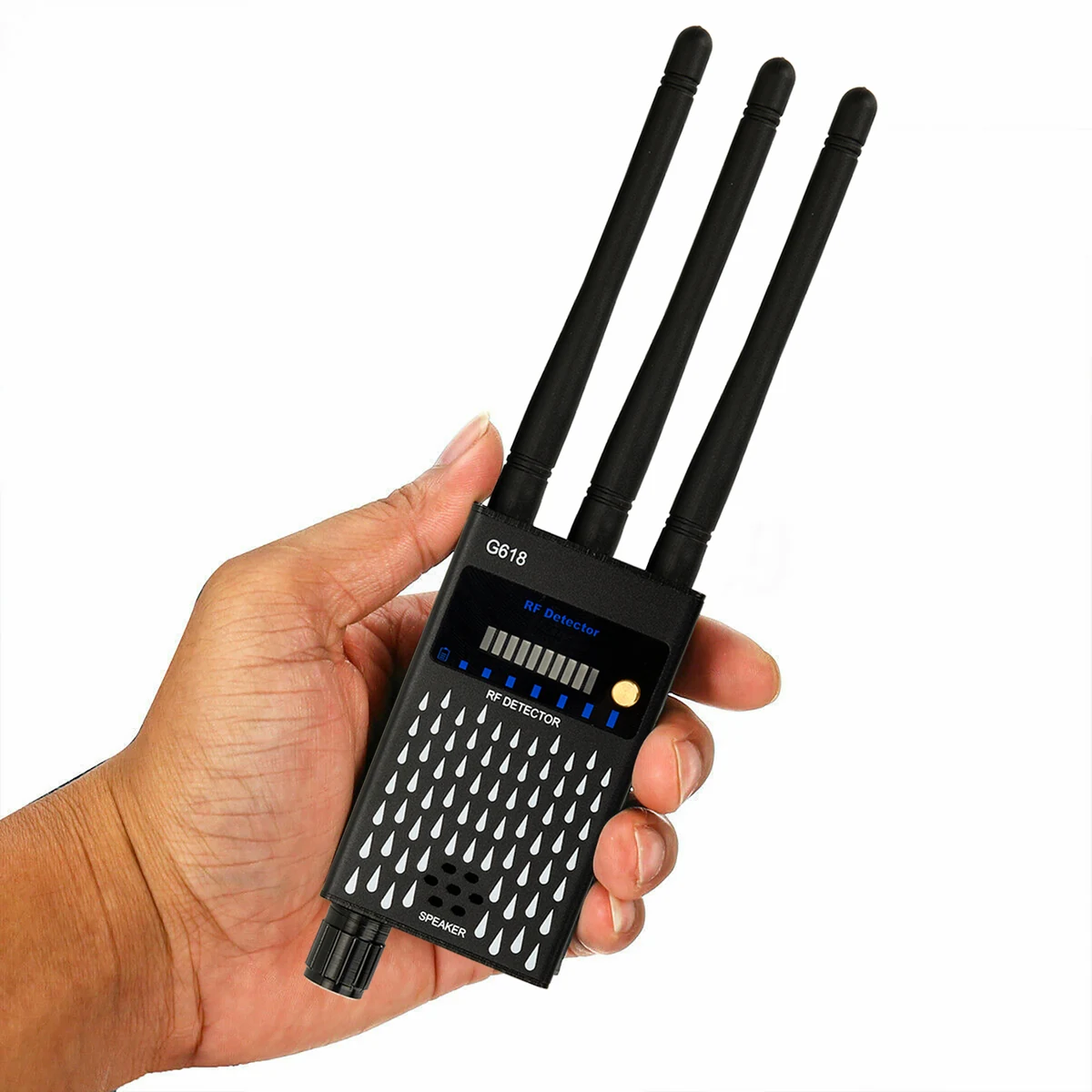 G618 RF detector held in one hand with three antennas fitted