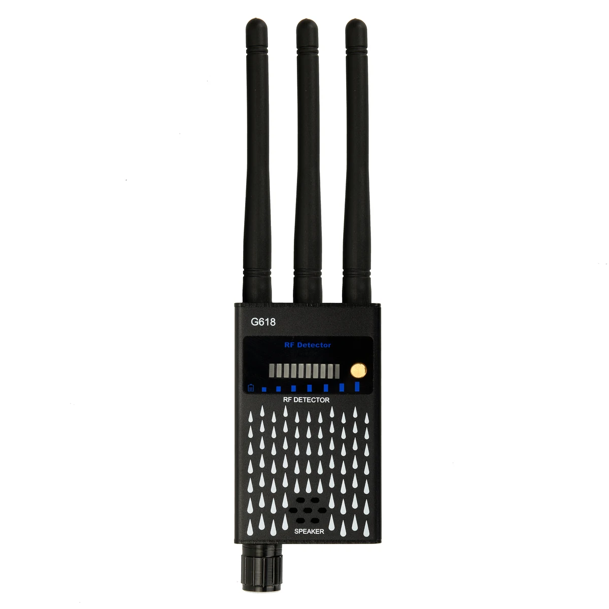 Front of G618 RF detector with three antennas and LED signal bar