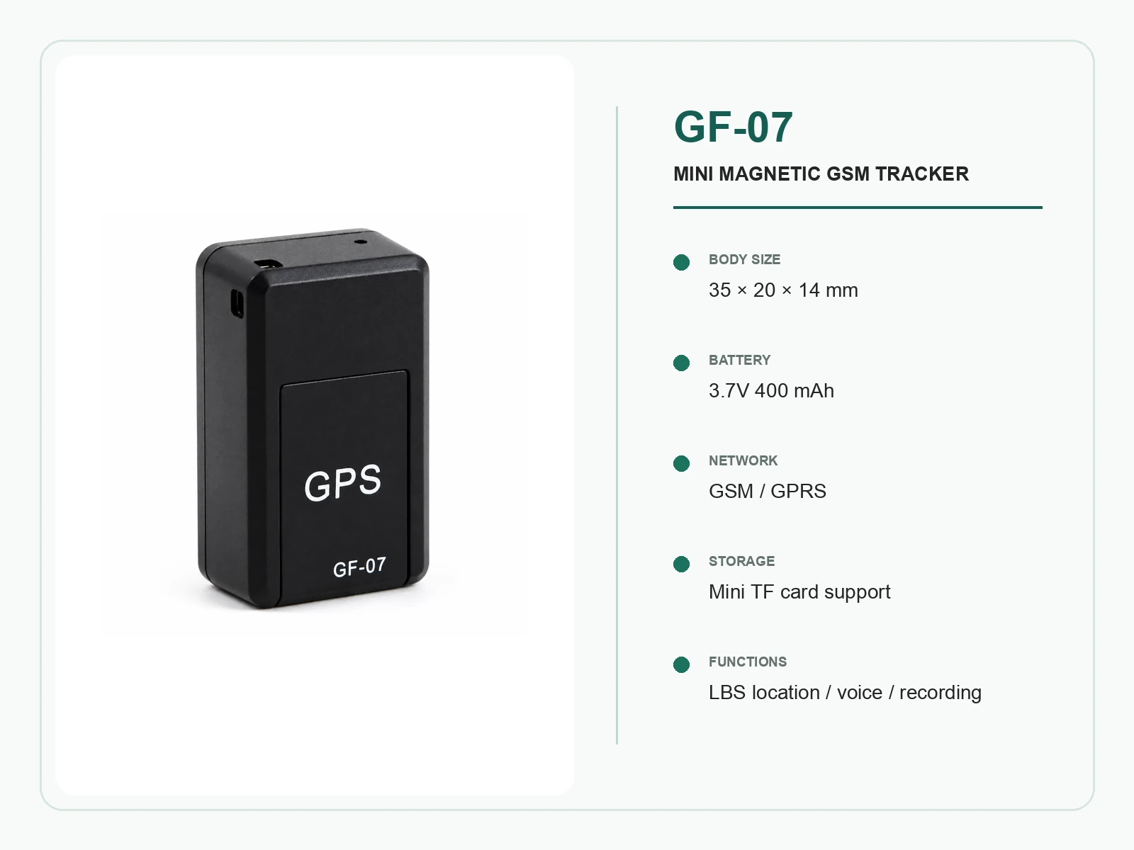 GF-07 Mini Magnetic GSM Tracker specifications