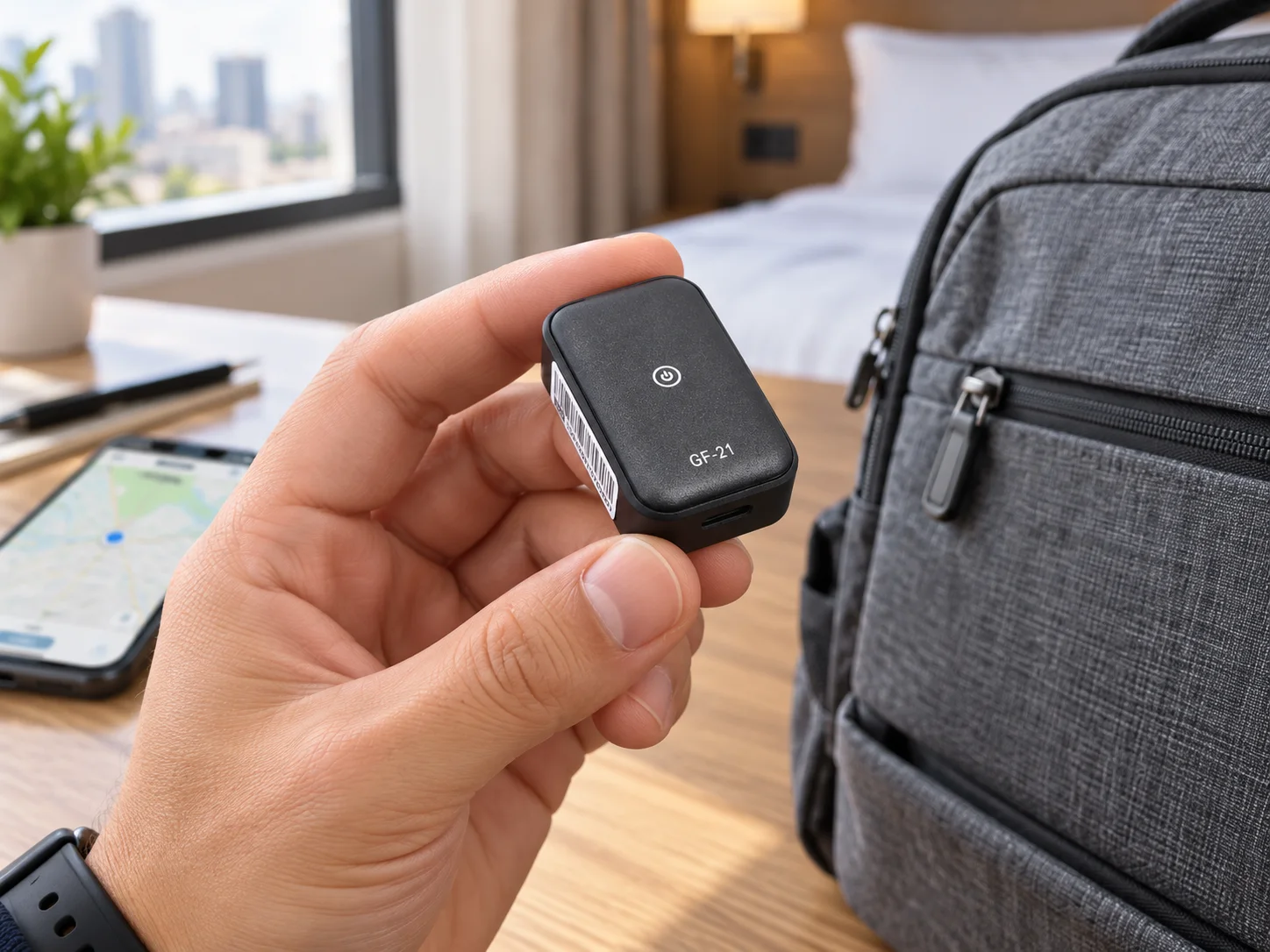 GF21 Mini GPS Tracker beside a travel bag