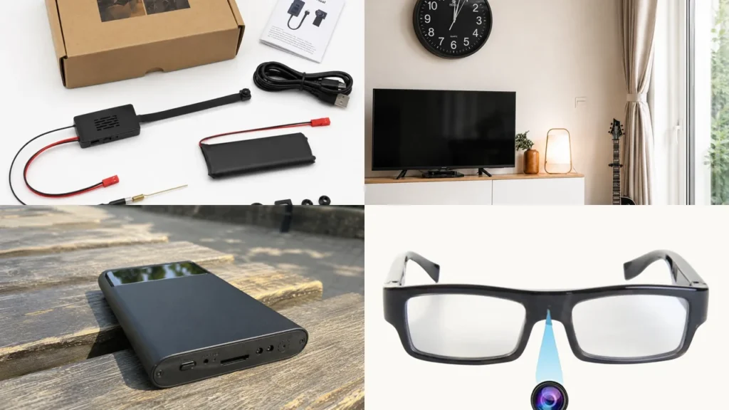 Current QZT hidden camera products including a Tuya DIY module, wall clock camera, power-bank camera and spy glasses