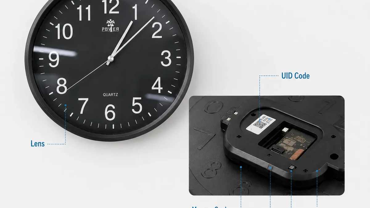 QZT Wall Clock Camera mit Hardware, Anschlüssen und Speicherbereich
