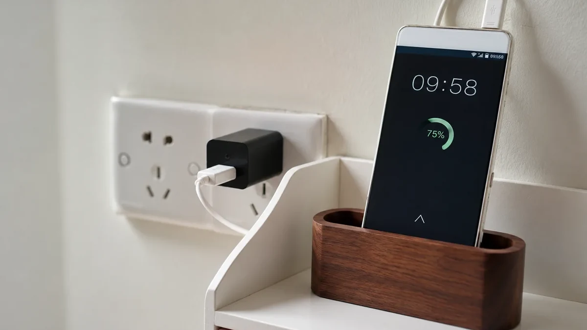 Telecamera nascosta caricabatterie USB QZT che ricarica un telefono in una scena ambientale
