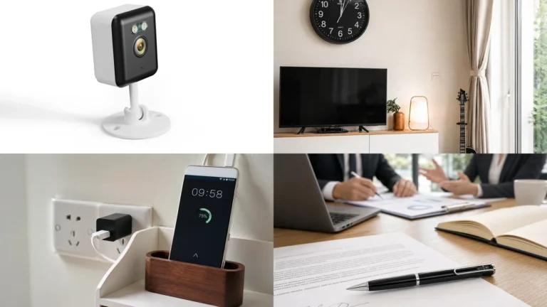 Facteurs de forme actuels des caméras de bureau QZT, notamment une caméra intérieure visible, une horloge murale, un chargeur USB et une caméra-stylo