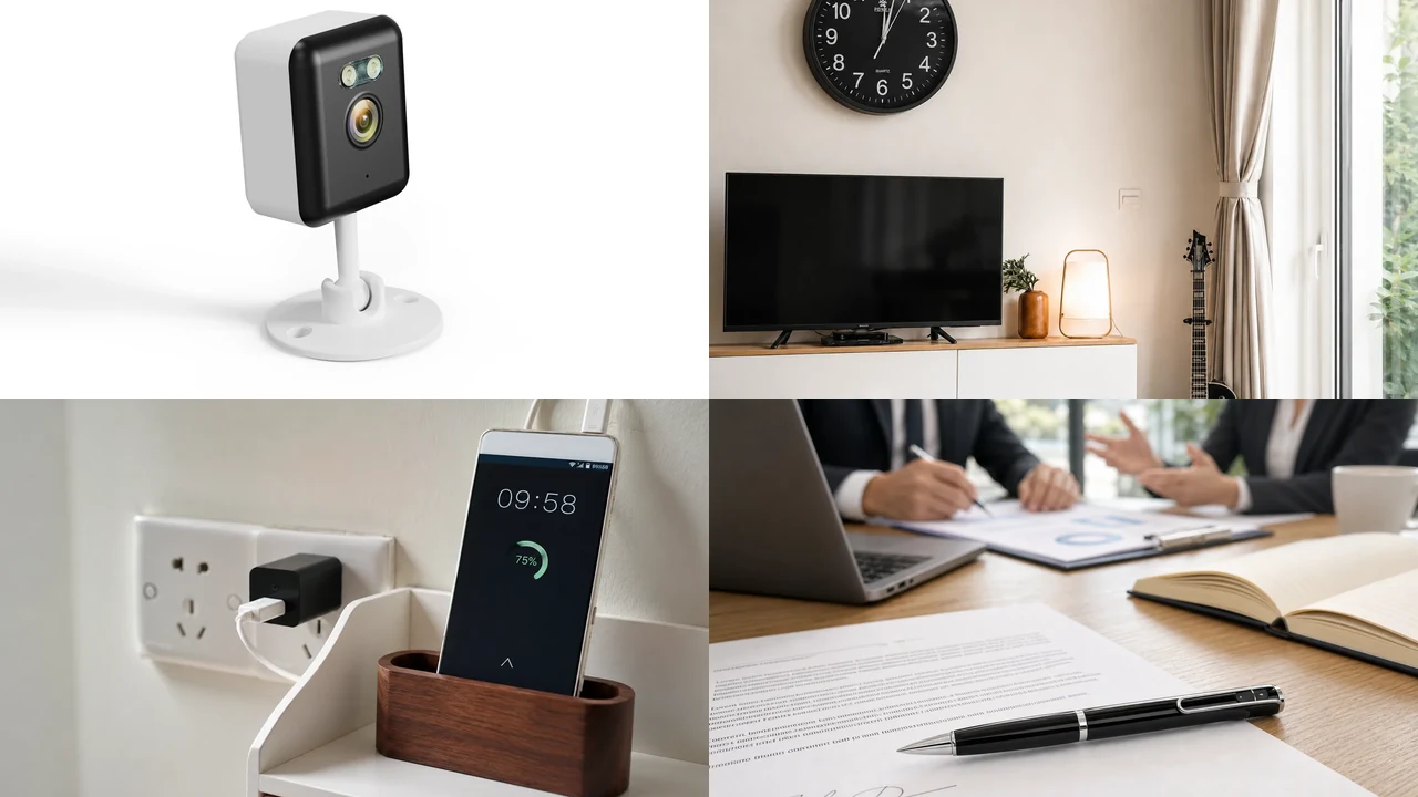 Attuali fattori di forma delle telecamere per ufficio QZT, tra cui una telecamera per interni visibile, un orologio da parete, un caricabatterie USB e una telecamera a penna