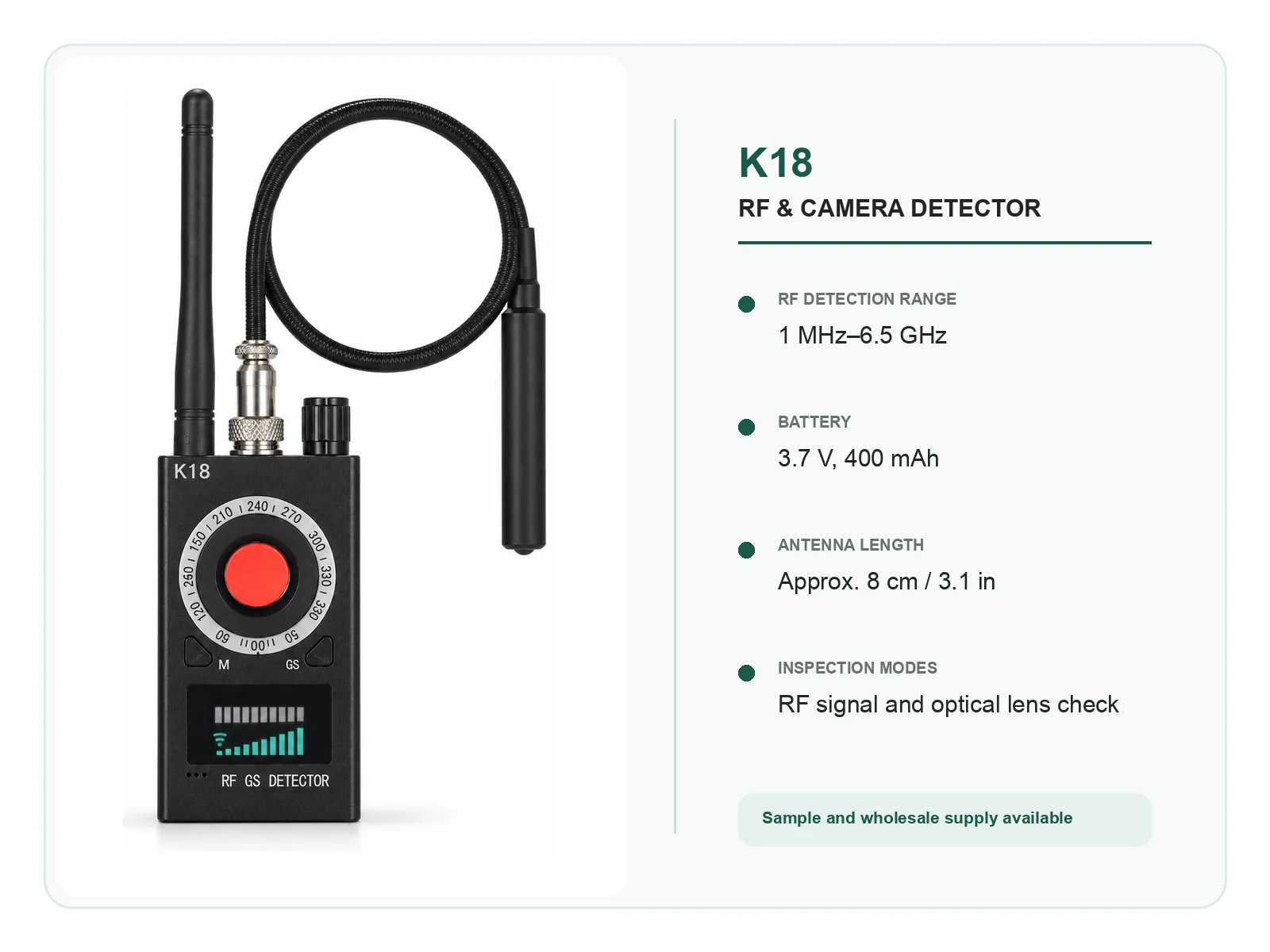 K18 RF and Camera Detector verified specifications