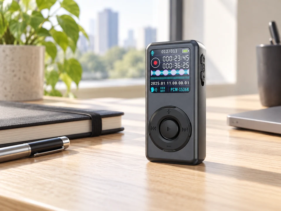 M21 digital voice recorder on an office desk beside a notebook
